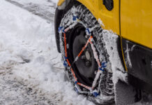 Zimná dilema: Kedy sú snehové reťaze povinné? Osobné auto so snehovými reťazami nasadenými na pneumatikách počas jazdy po zasneženej horskej ceste.